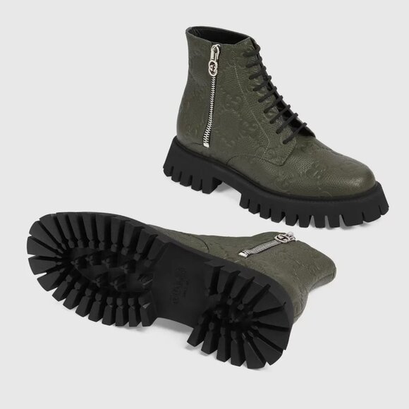 GUCCI BOOTS MENS ANKLE GREEN GG LOGO LEATHER ZIPPER LACE-UP sz 10 10.5 - Picture 5 of 16